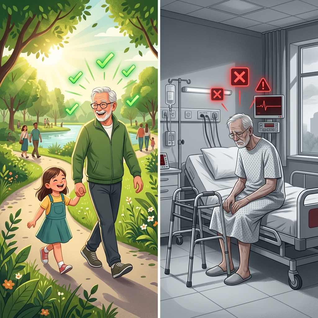 Se agir: idoso ativo no parque com a familia. Se nao agir: idoso sozinho no hospital.